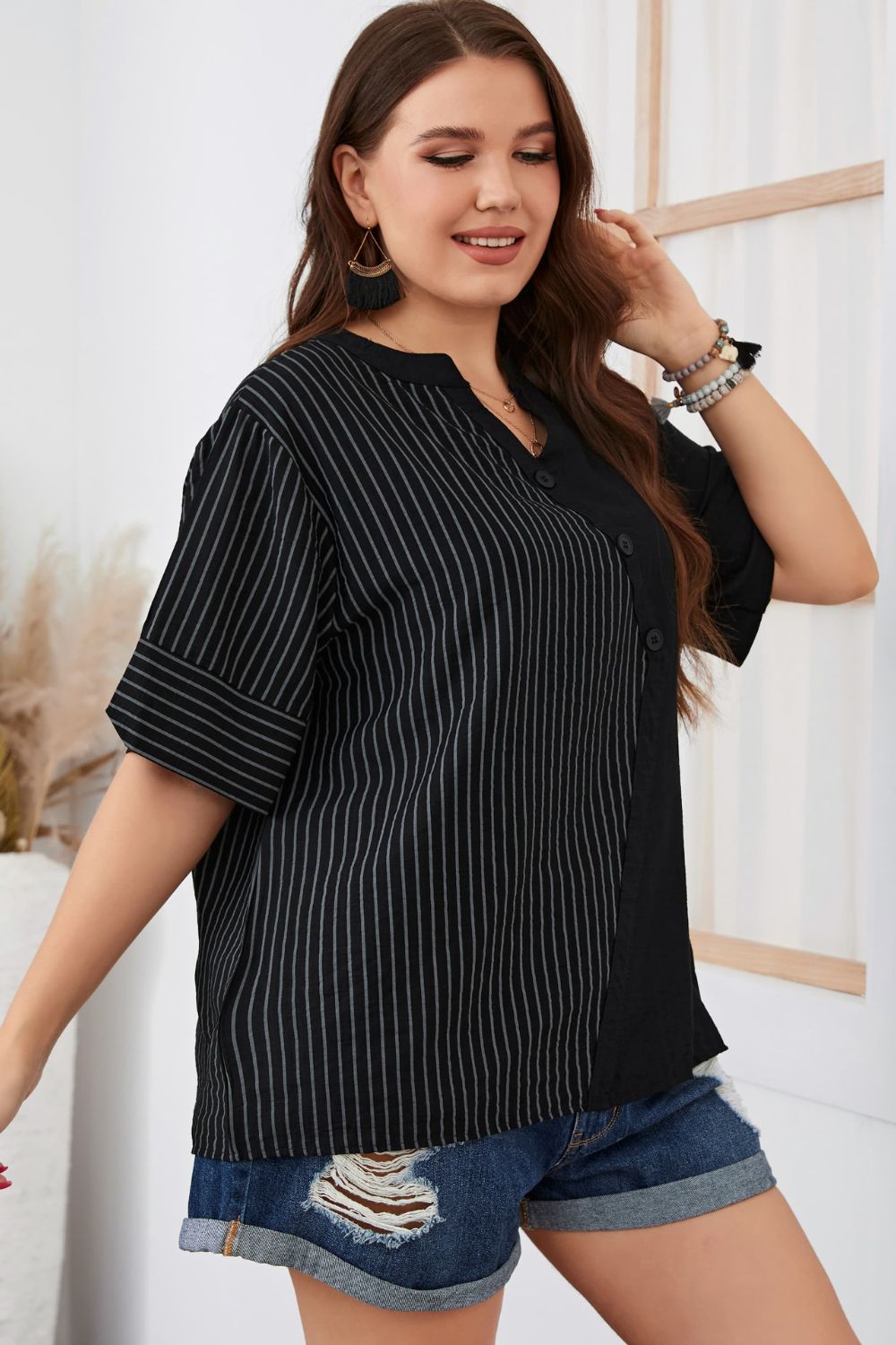 Striped Notched Neck Half Sleeve Top
