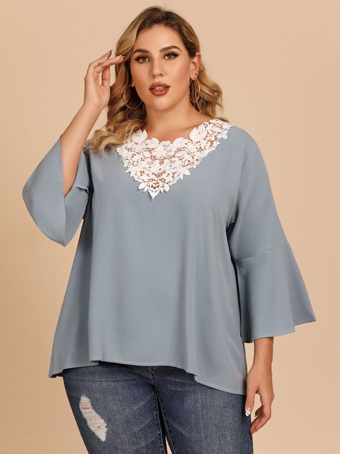 Contrast Spliced Lace Three-Quarter Sleeve Blouse