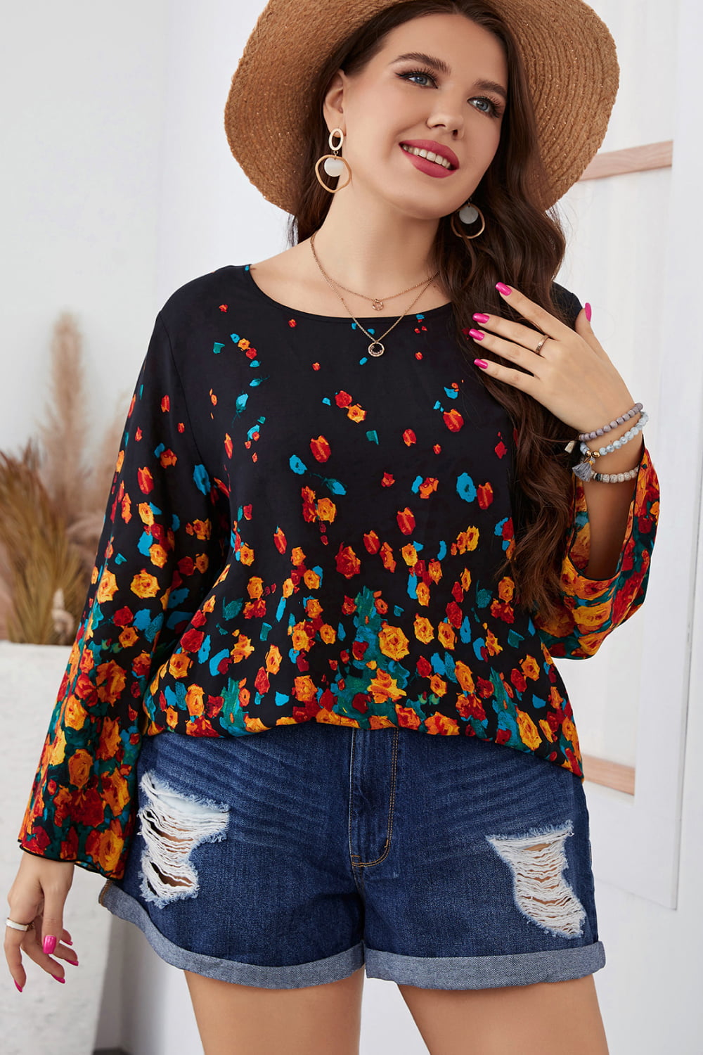 Floral Round Neck Long Sleeve Blouse