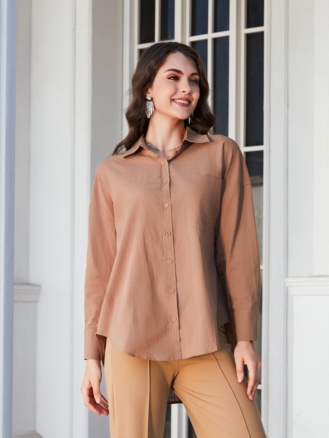 Dropped Shoulder Collared High-Low Shirt