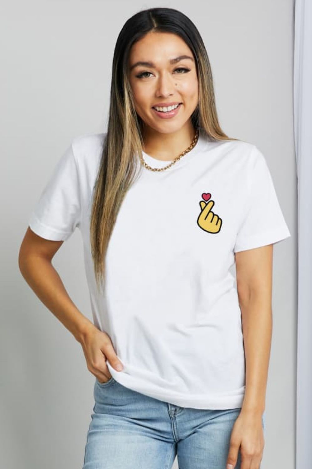 Simply Love Finger Heart Emoji Graphic Cotton T-Shirt