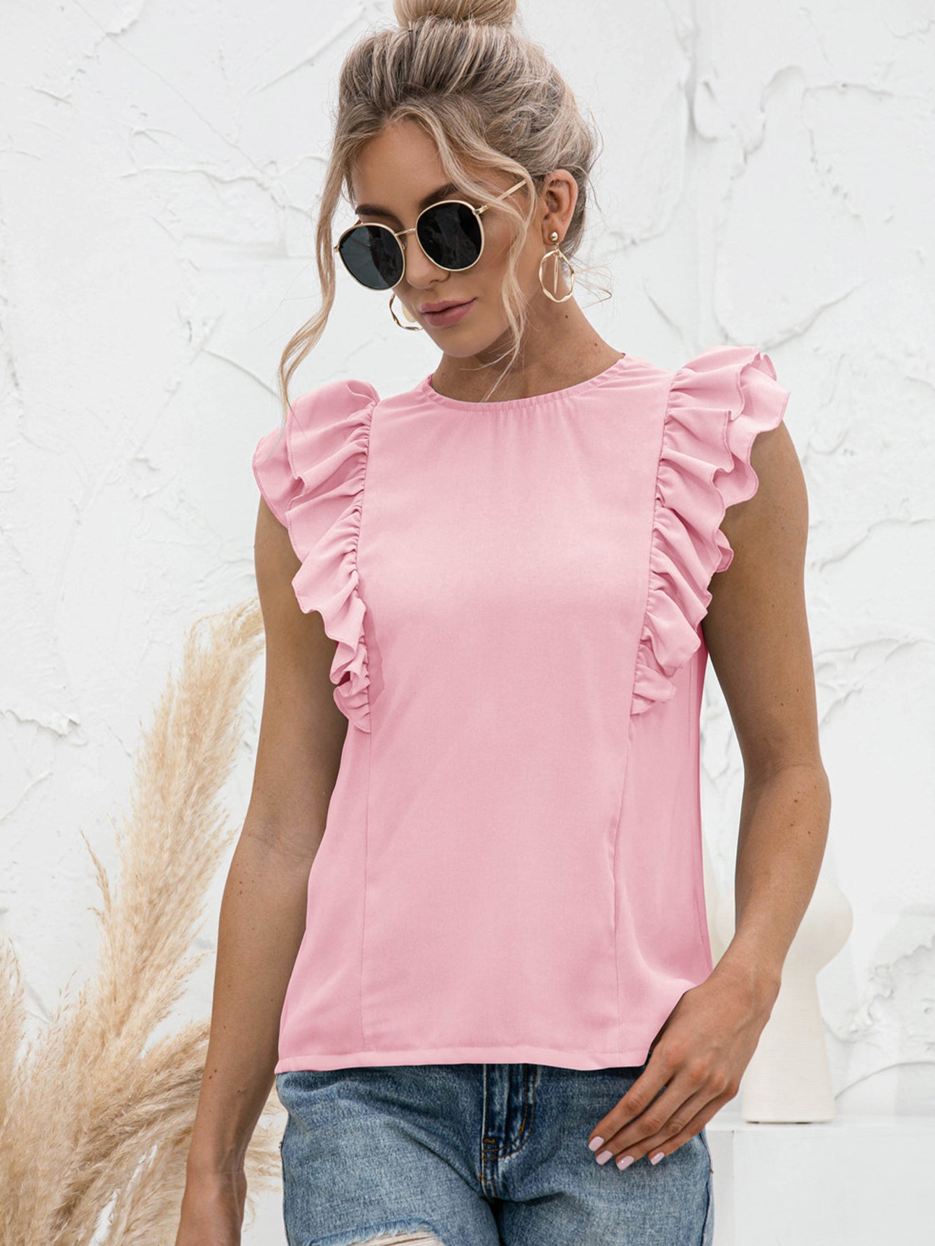 Round Neck Tied Open Back Flutter Sleeve Top