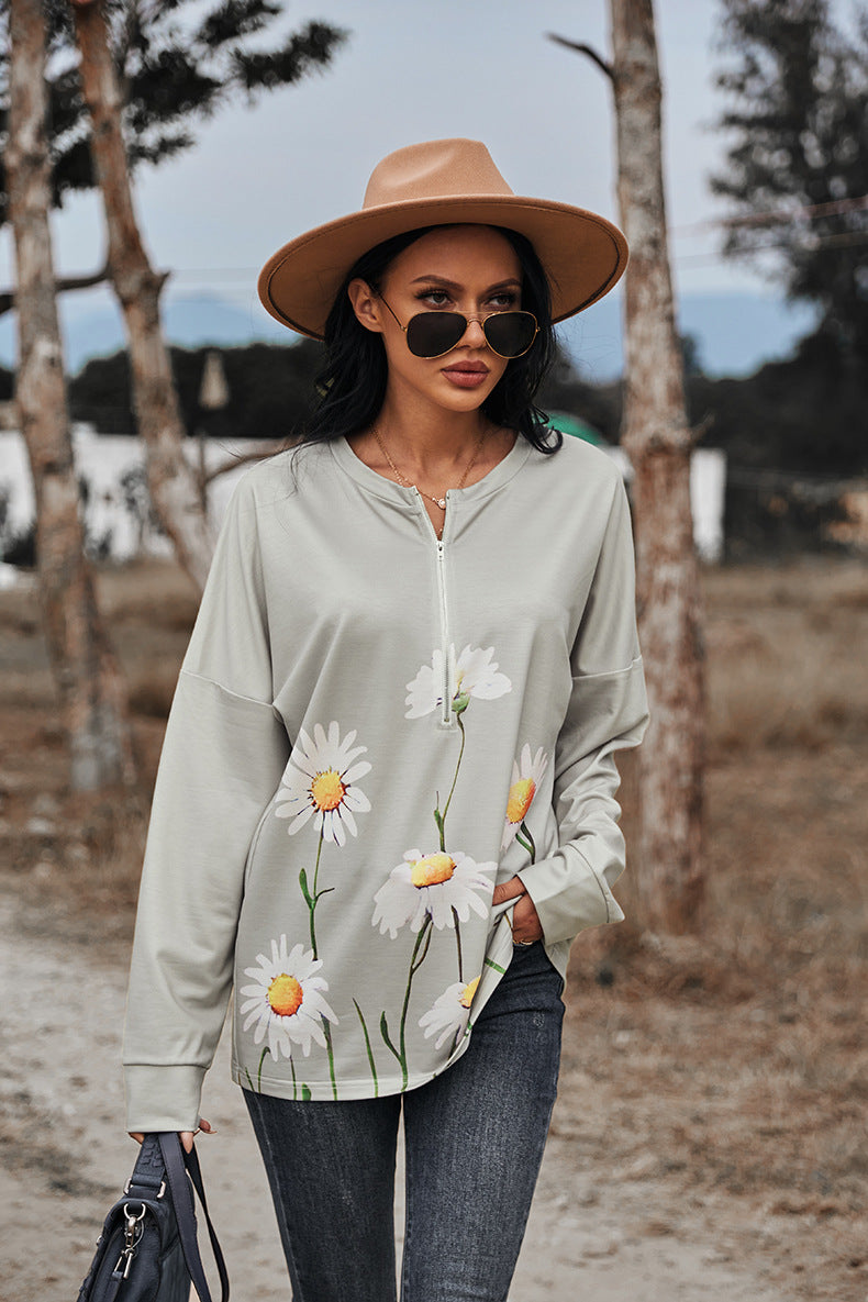 Floral Print Long Sleeve Zipper Front Sweatshirt