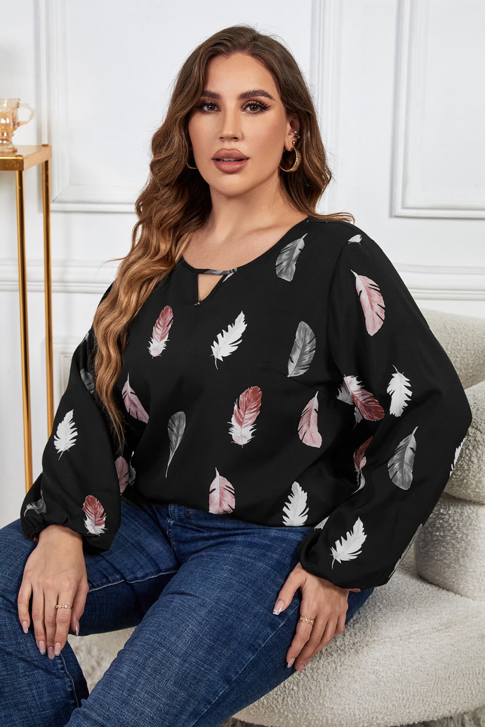 Printed Round Neck Long Sleeve Cutout Blouse