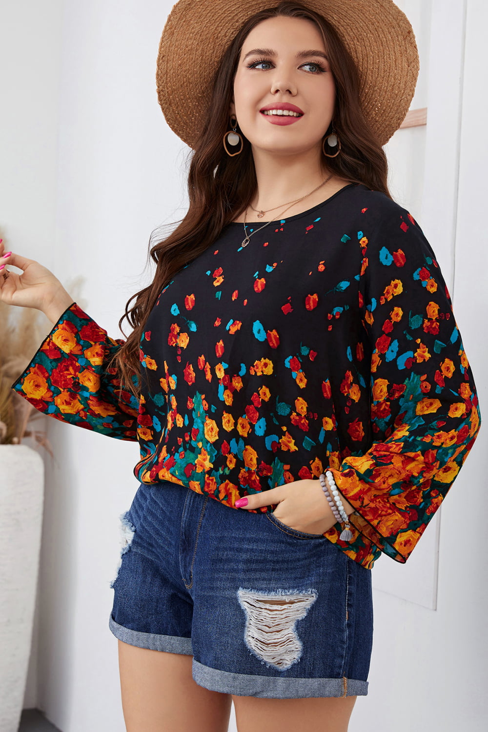 Floral Round Neck Long Sleeve Blouse