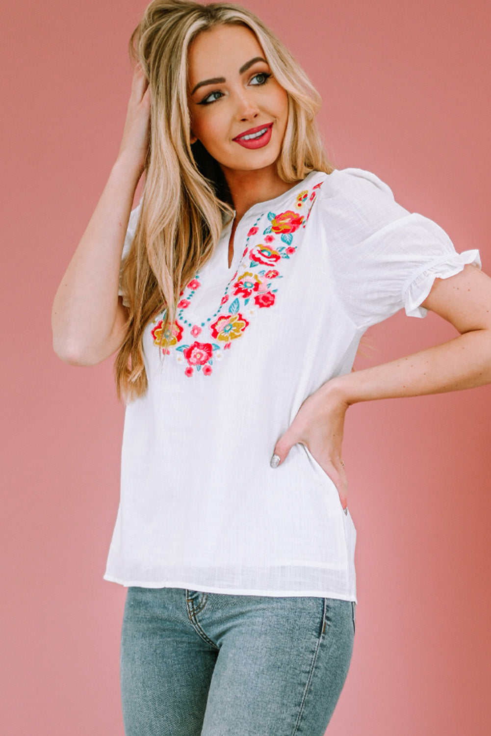 Embroidered Notched Neck Flounce Sleeve Top