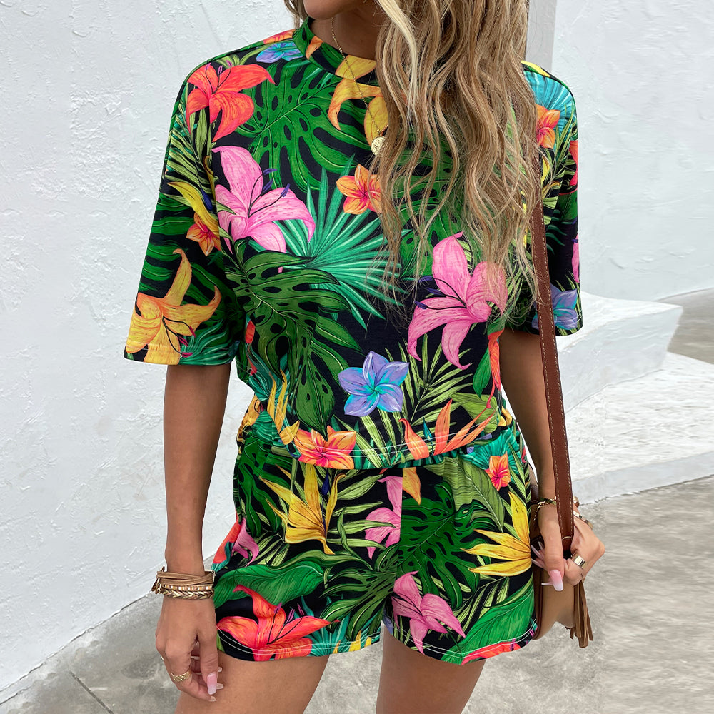Floral Print Round Neck Dropped Shoulder Half Sleeve Top and Shorts Set