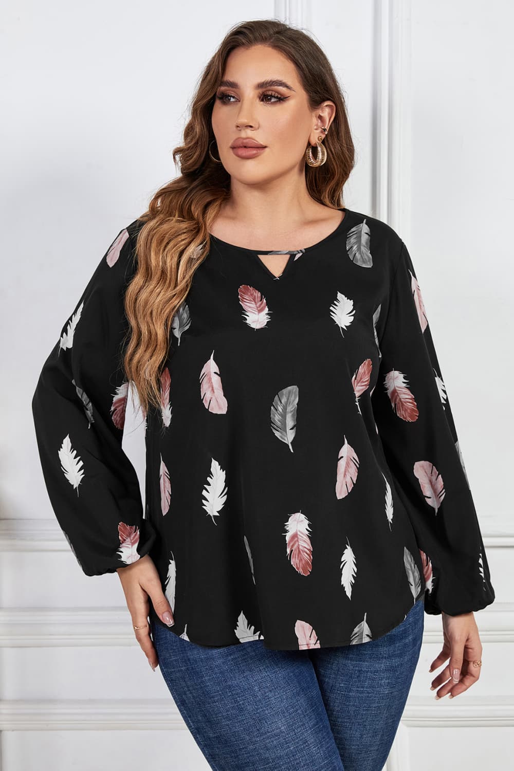 Printed Round Neck Long Sleeve Cutout Blouse