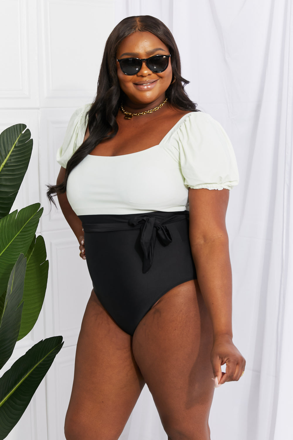 Salty Air Puff Sleeve One-Piece Swimsuit in Cream/Black