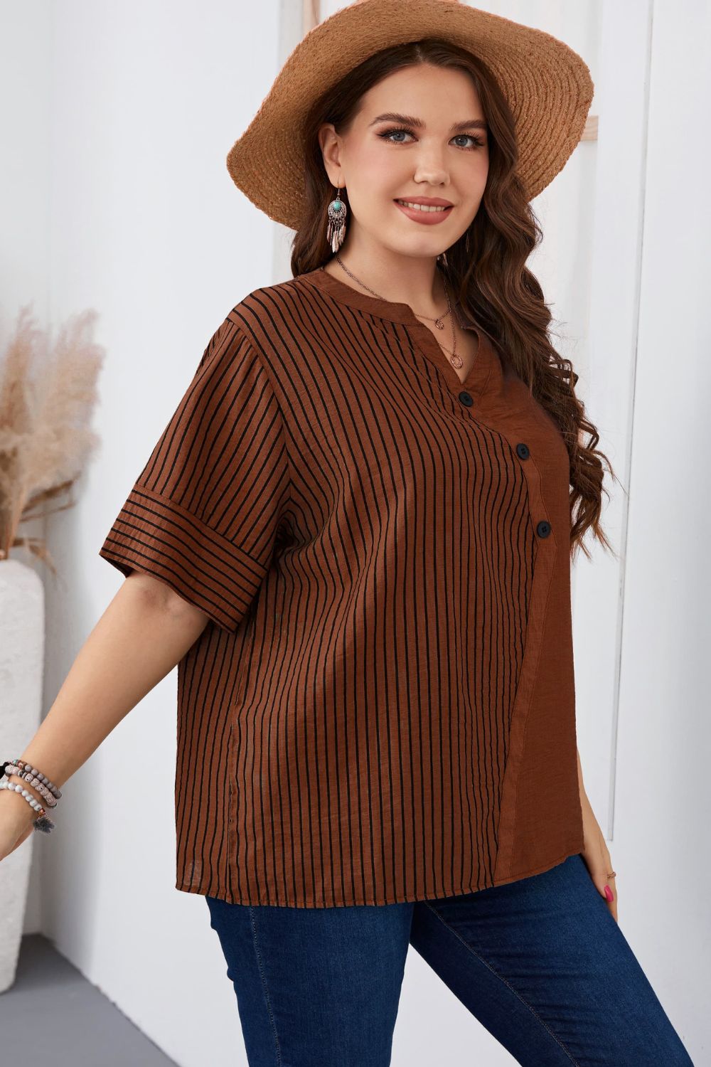 Striped Notched Neck Half Sleeve Top