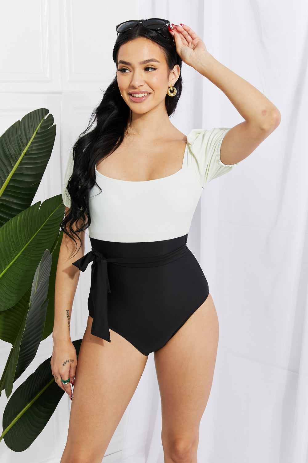 Salty Air Puff Sleeve One-Piece Swimsuit in Cream/Black