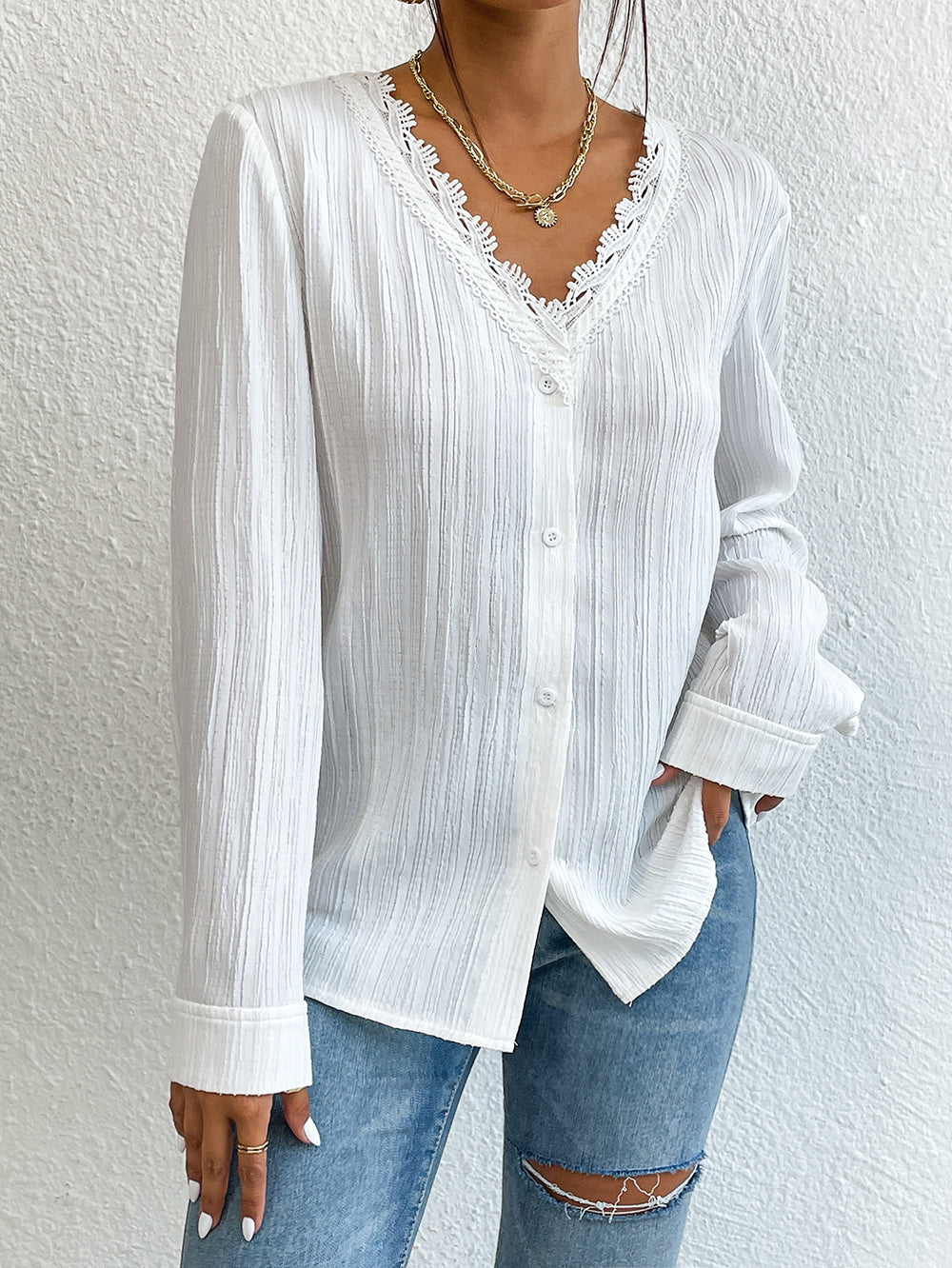 Lace Trim V-Neck Long Sleeve Shirt