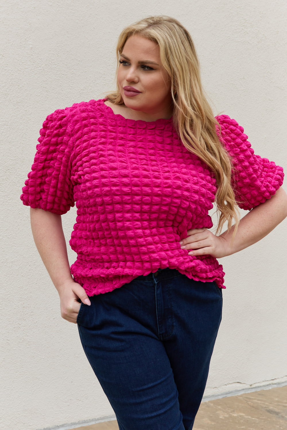 And The Why Full Size Bubble Puff Sleeve Top in hot pink!